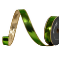 The Matthew John Collective Farrisilk Molten olive green designer ribbon with metallic gold edges on a 10-yard roll.
