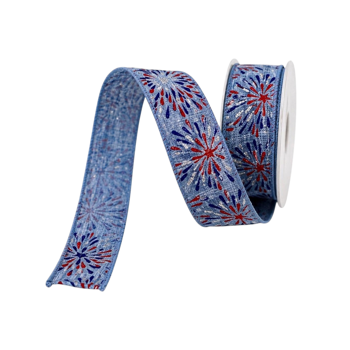 The Matthew John Collective 1.5 inch wired ribbon with red, blue, and silver firework print on a denim-look blue base.