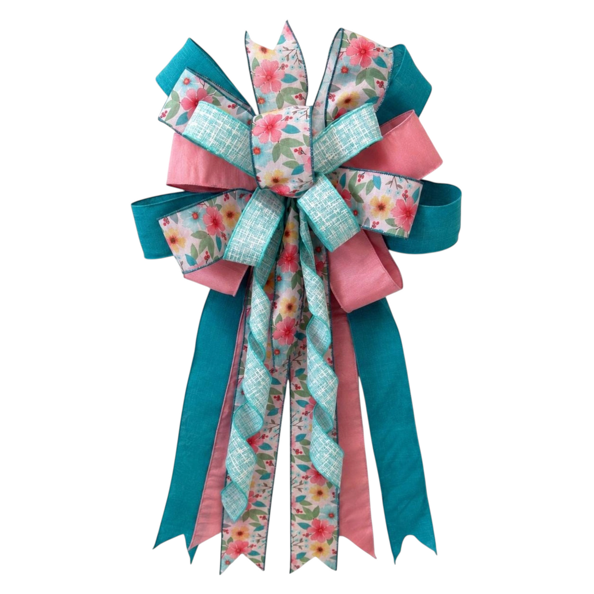 The Matthew John Collective Signature Seabreeze floral bow with teal and pink ribbons for home decor and wreaths.