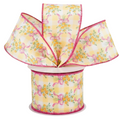 The Matthew John Collective 2.5 inch wired satin ribbon with yellow floral bouquet and pink bow print on gingham