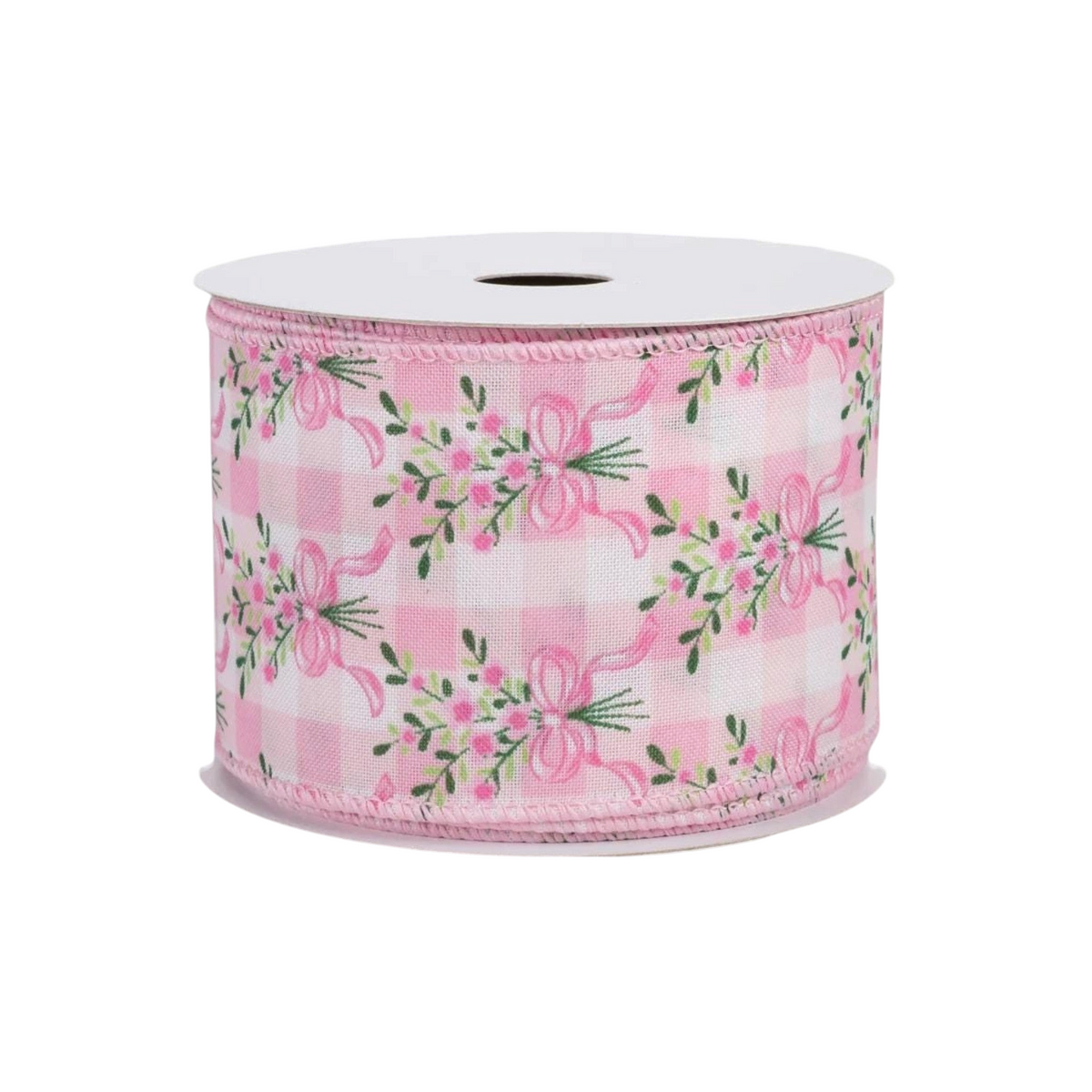 The Matthew John Collective 2.5 inch white satin ribbon with pink floral bouquet pattern and pink checkered background.