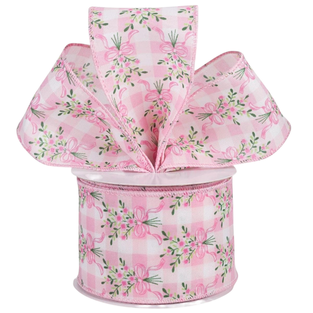 The Matthew John Collective 2.5 inch wired satin ribbon with pink floral bouquet and checkered pattern