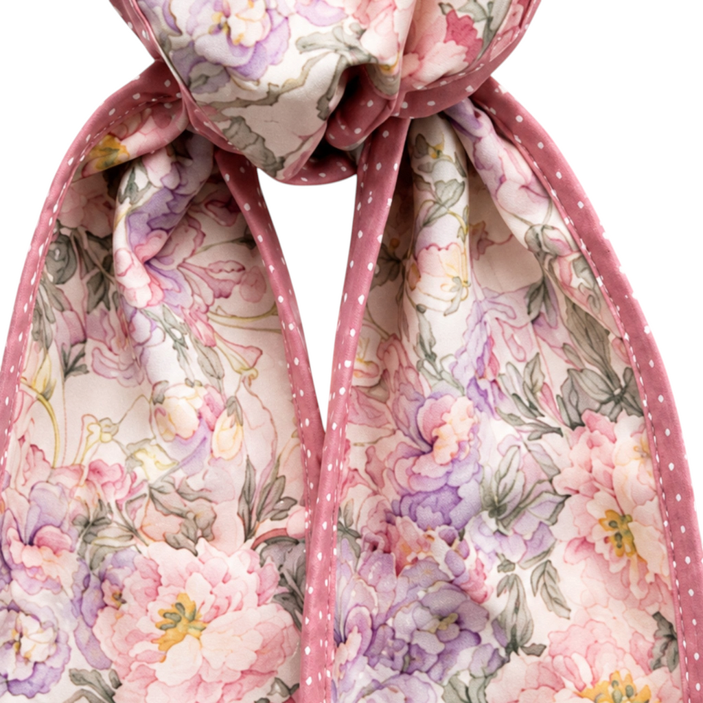 The Matthew John Collective D. Stevens floral wreath sash in pink and mauve with a polka dot backing.