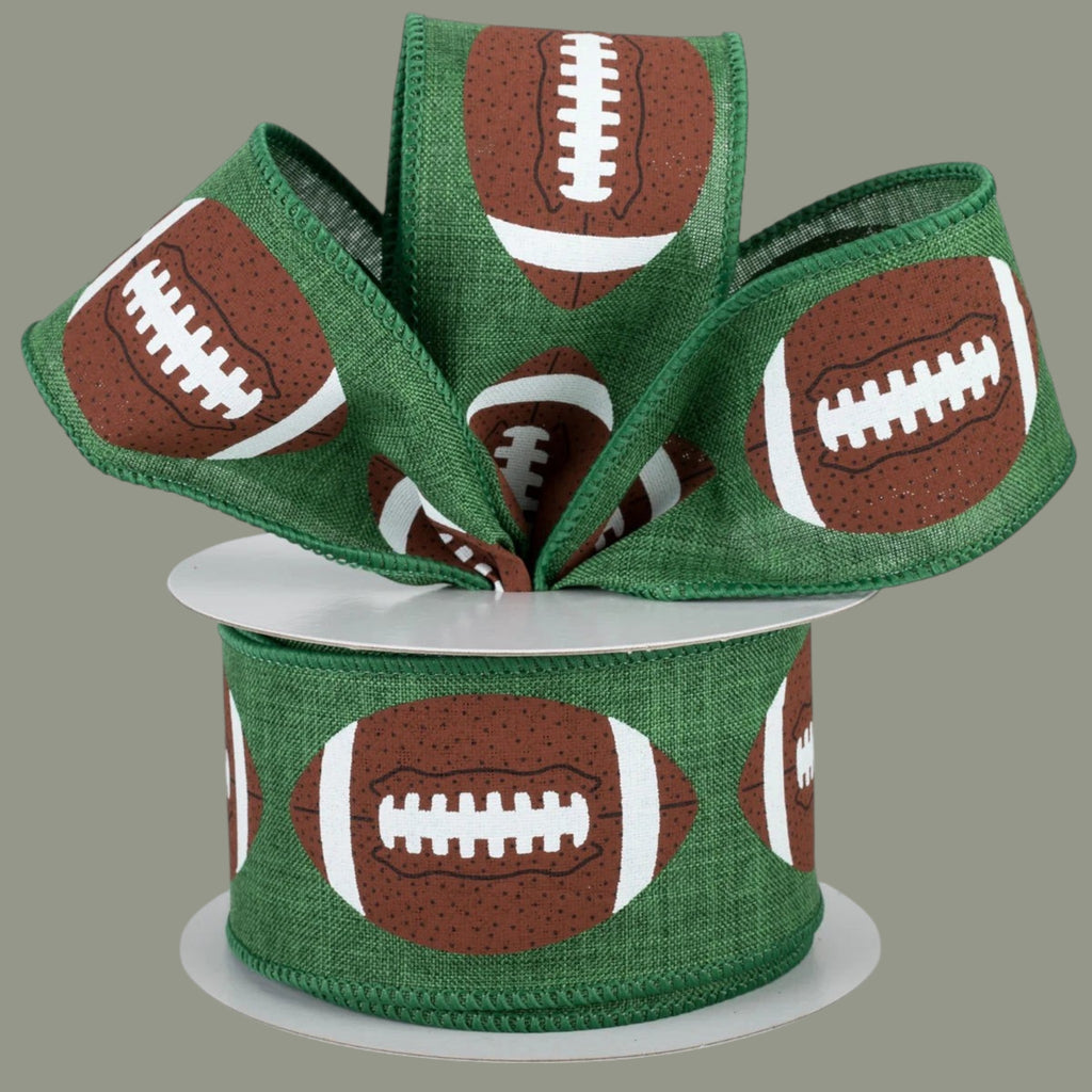 The Matthew John Collective emerald green canvas ribbon with brown football print and wired edges for crafting.