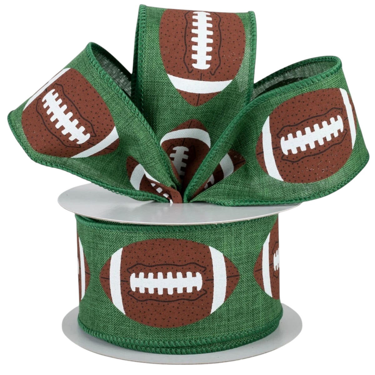 The Matthew John Collective emerald green canvas ribbon with brown football print and wired edges for crafting.