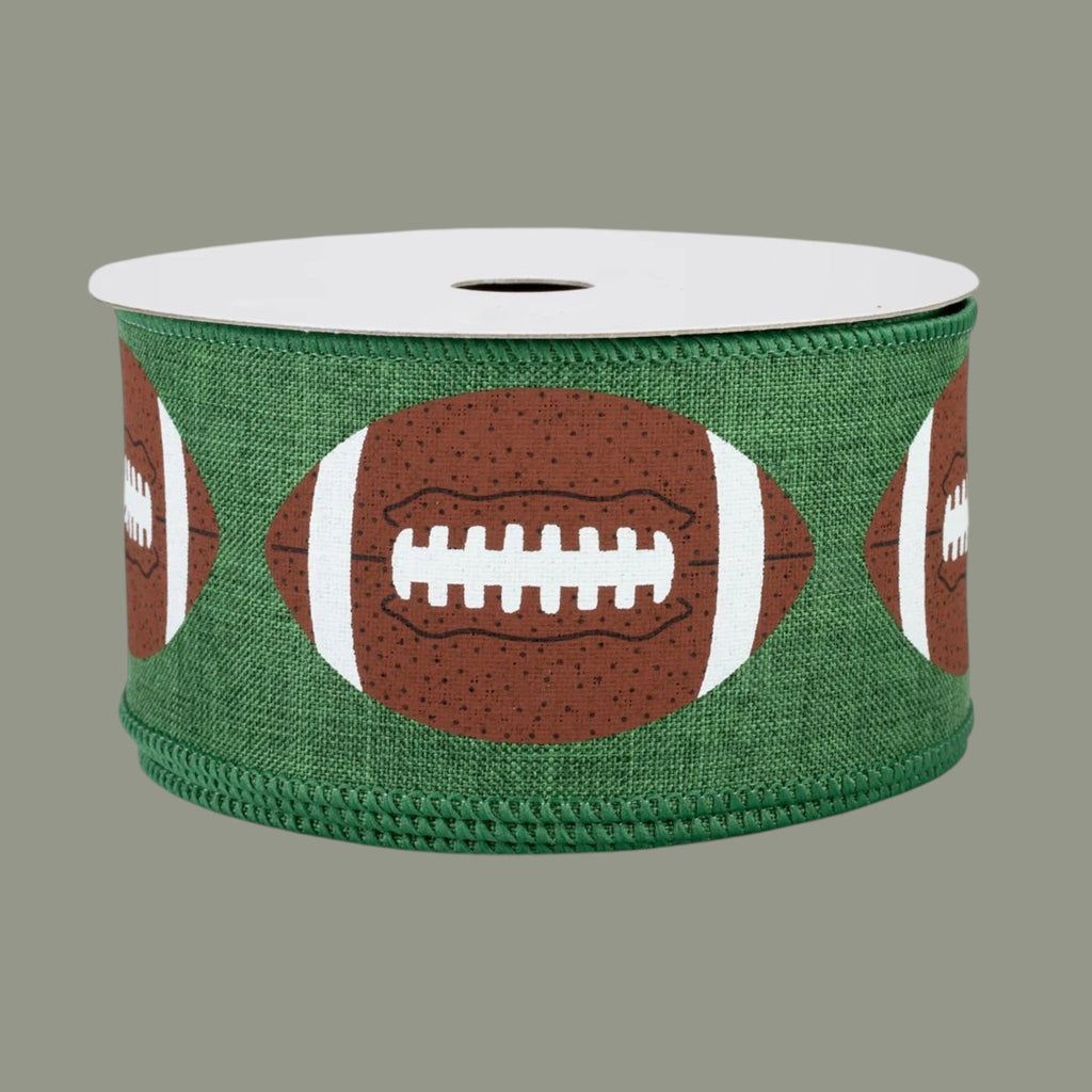 The Matthew John Collective emerald green canvas ribbon featuring an oversized football print and wired edges.
