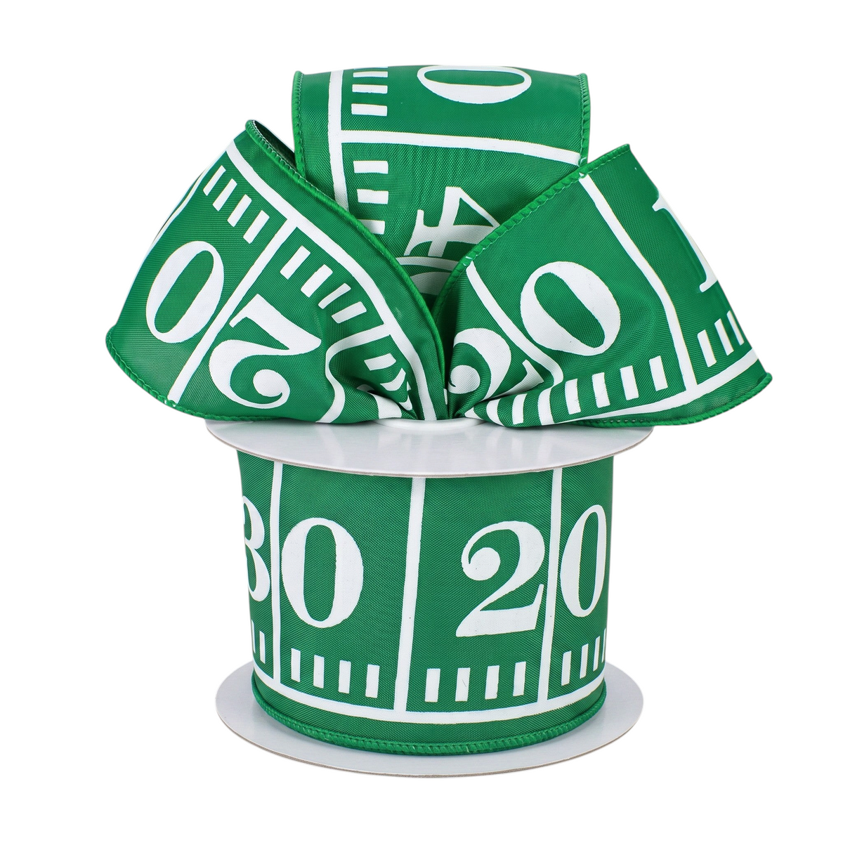 The Matthew John Collective green satin ribbon with white football field hashmarks and numbers and a wired edge.