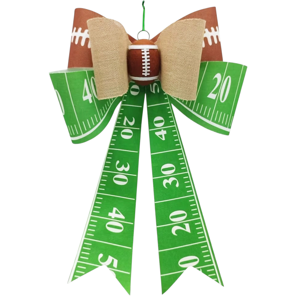 The Matthew John Collective 25-inch football tailgate bow with green field ribbon and a central football accent.