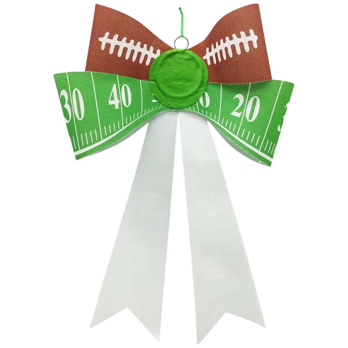 The Matthew John Collective 25-inch football tailgate bow featuring green field ribbon, brown football accents, and white tails.