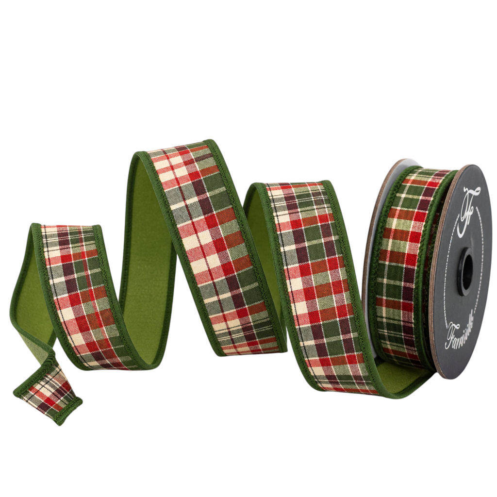 The Matthew John Collective Farrisilk forest green plaid holiday ribbon with red and white accents on a spool