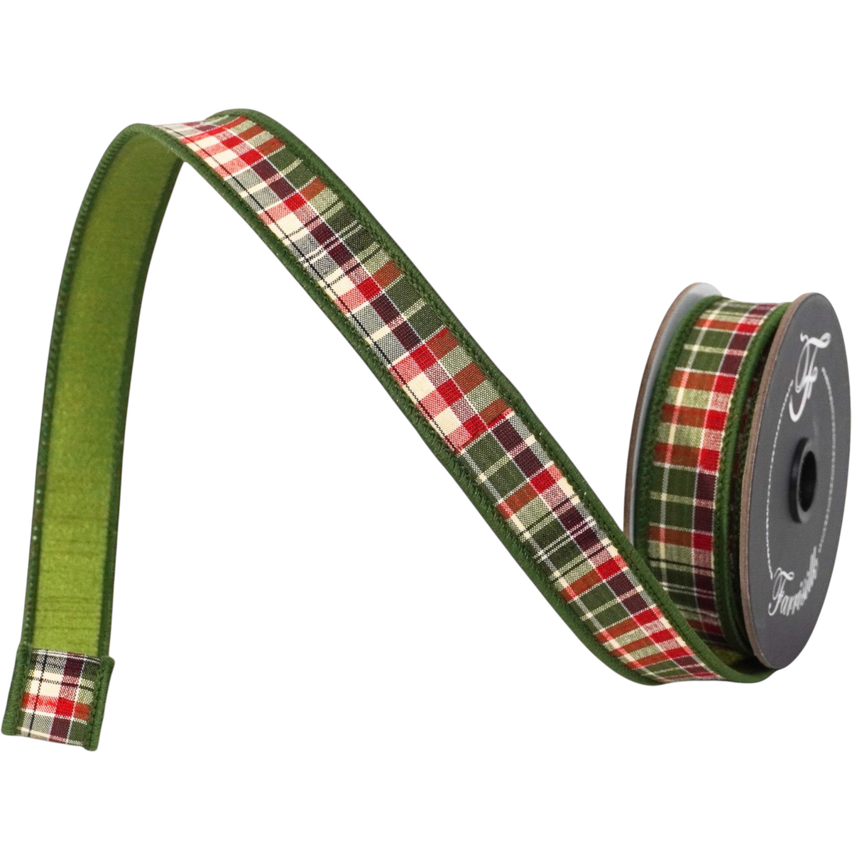 The Matthew John Collective Farrisilk forest green plaid holiday ribbon with red and white accents on a spool