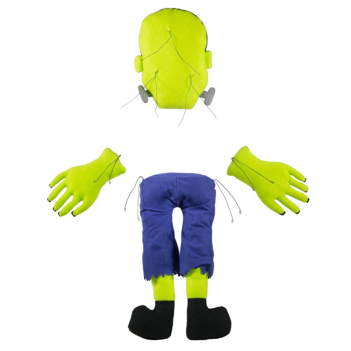 The Matthew John Collective plush Frankenstein monster wreath attachment set with green head, hands, and purple pants.