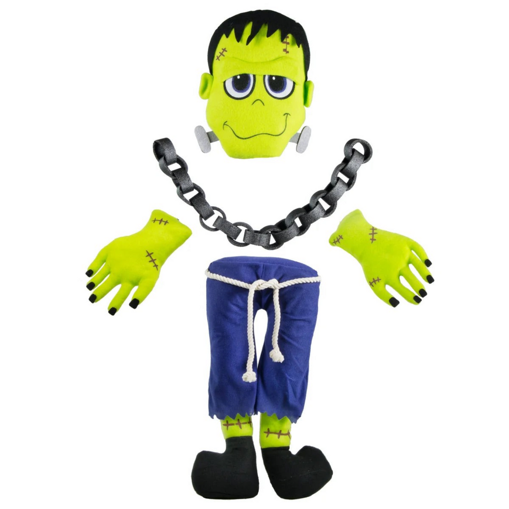The Matthew John Collective plush Frankenstein monster wreath attachment set with green head, hands, legs, and chain.