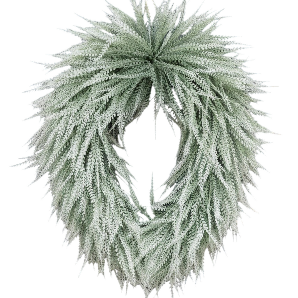 The Matthew John Collective frosted white bead grass oval wreath with a full, textured, and airy design.