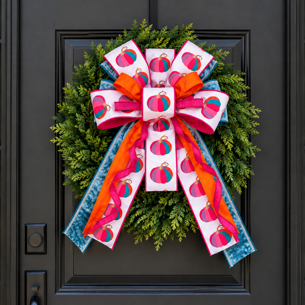 The Matthew John Collective oversized fuchsia pumpkin fall bow with blue velvet and rhinestone trim on a green wreath.