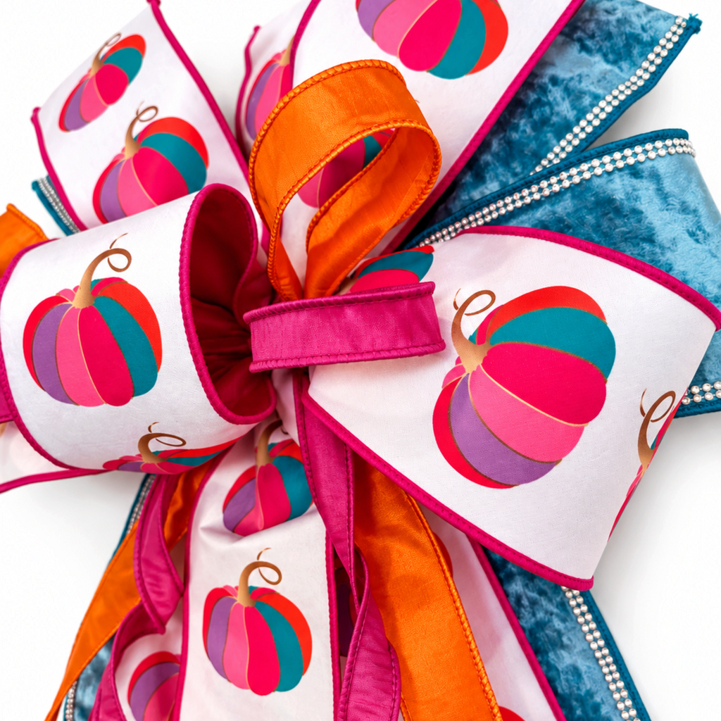 The Matthew John Collective oversized fall bow with fuchsia pumpkin ribbon, blue velvet, and rhinestone trim.