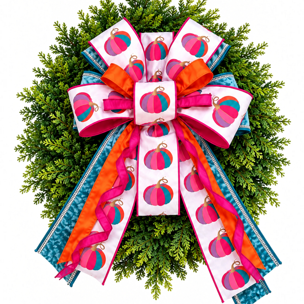 The Matthew John Collective oversized fall wreath bow with fuchsia pumpkin print, blue velvet, and rhinestone trim.