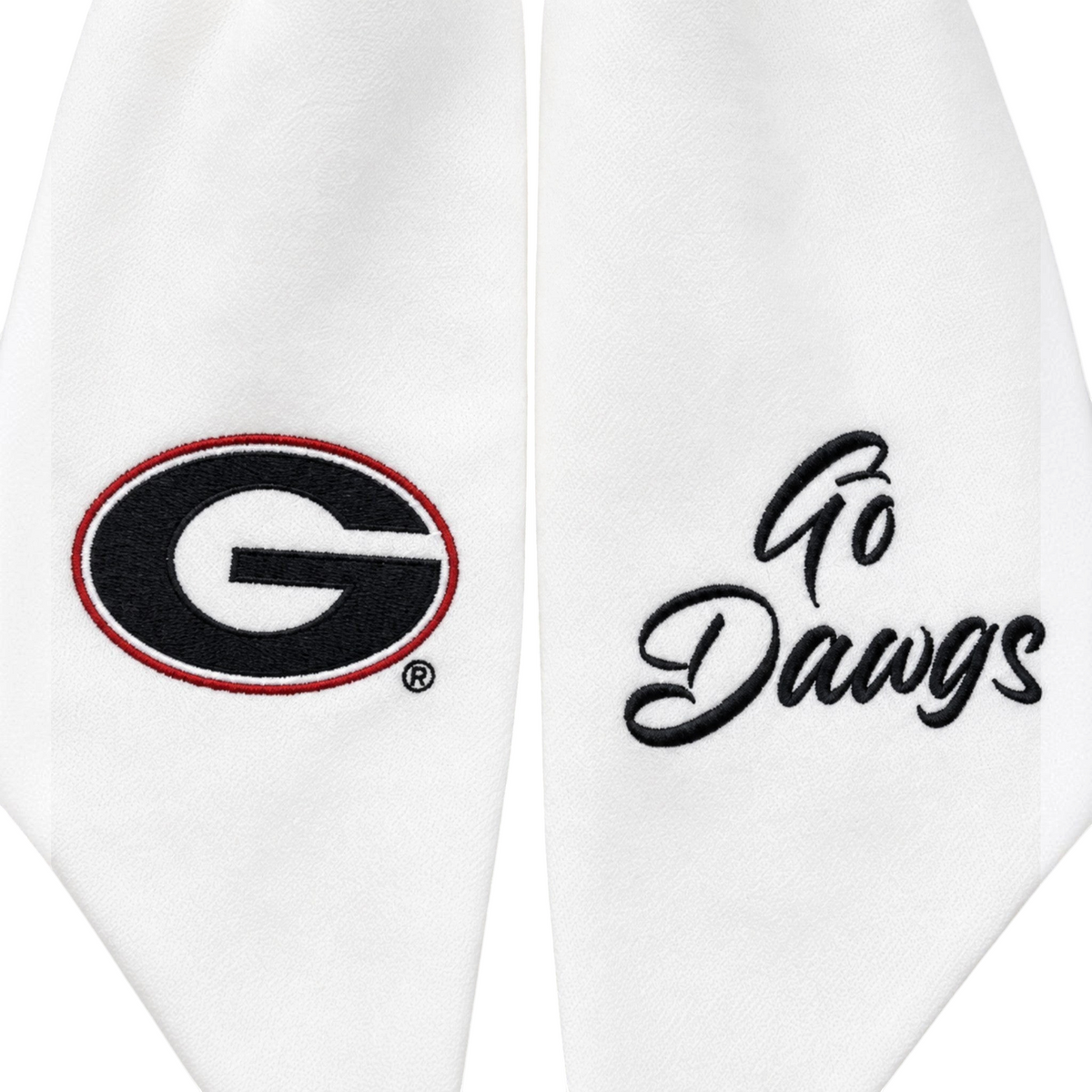 The Matthew John Collective white Georgia wreath sash featuring embroidered team logo and Go Dawgs script text.