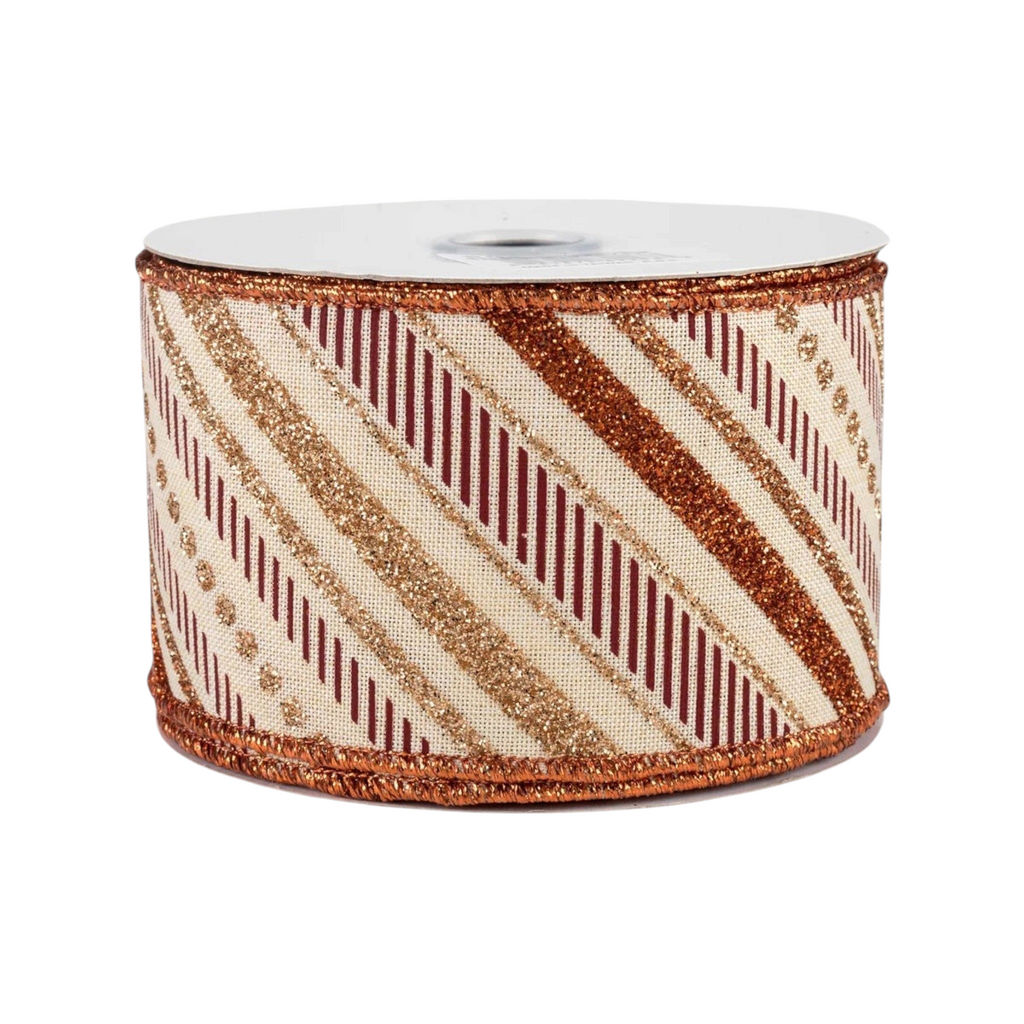 The Matthew John Collective cream canvas ribbon with diagonal glitter stripes in copper, champagne, and burgundy.