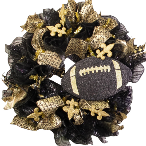 The Matthew John Collective black and gold metallic glitter football wreath with fleur-de-lis accents