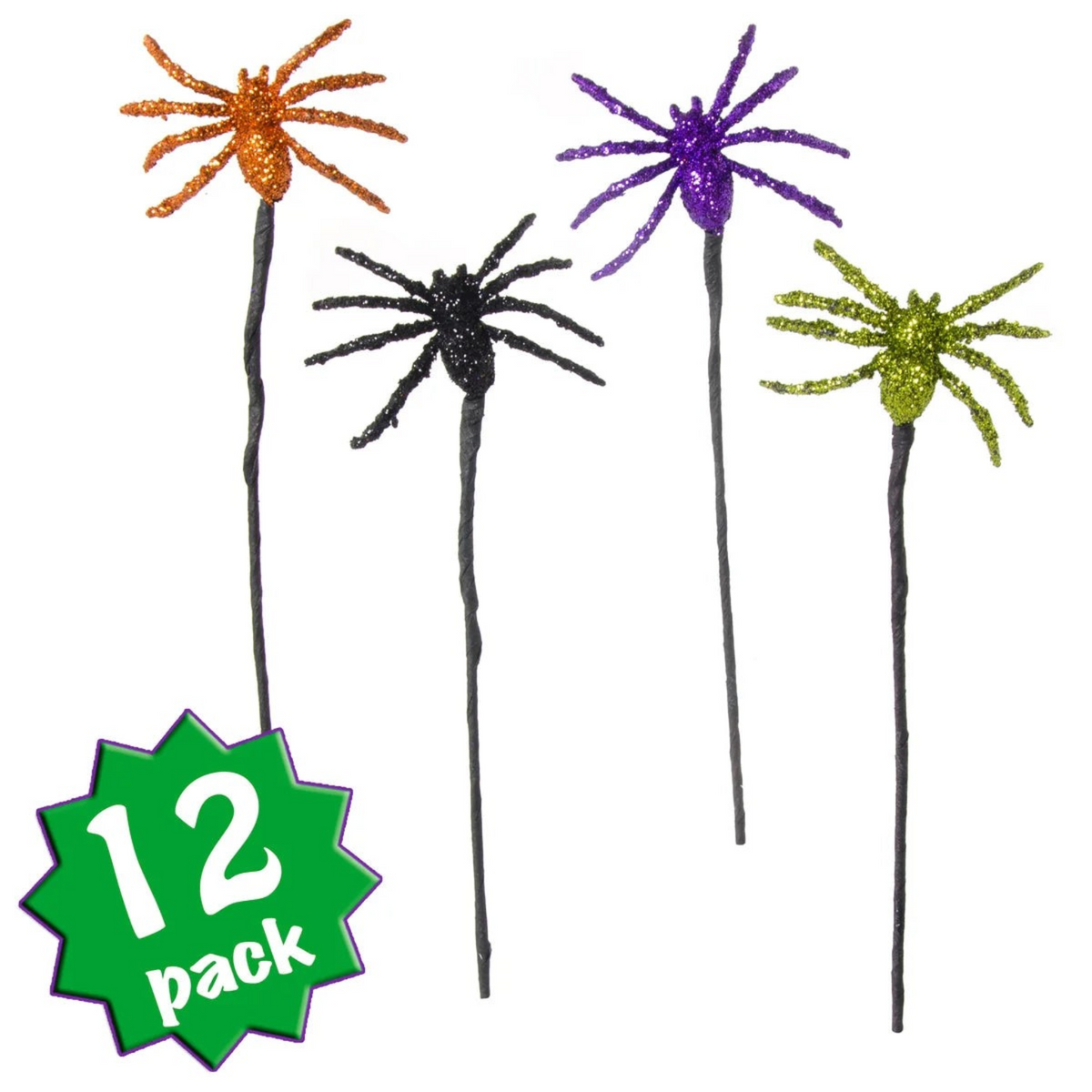 The Matthew John Collective 10-inch metallic glitter spider picks in orange, black, purple, and lime green for crafts.