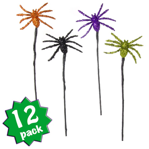 The Matthew John Collective 10-inch metallic glitter spider picks in orange, black, purple, and lime green for crafts.