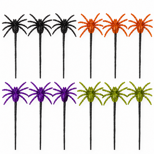 The Matthew John Collective 12-pack of metallic glitter spider picks in purple, lime, black, and orange on wired stems.