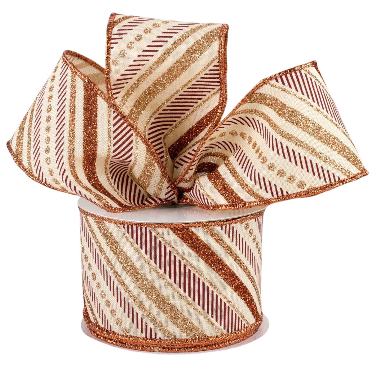 The Matthew John Collective cream canvas ribbon with diagonal glitter stripes in copper, champagne, and burgundy.