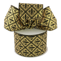 The Matthew John Collective gold lamé ribbon featuring a black harlequin diamond pattern and fleur de lis with wire edge