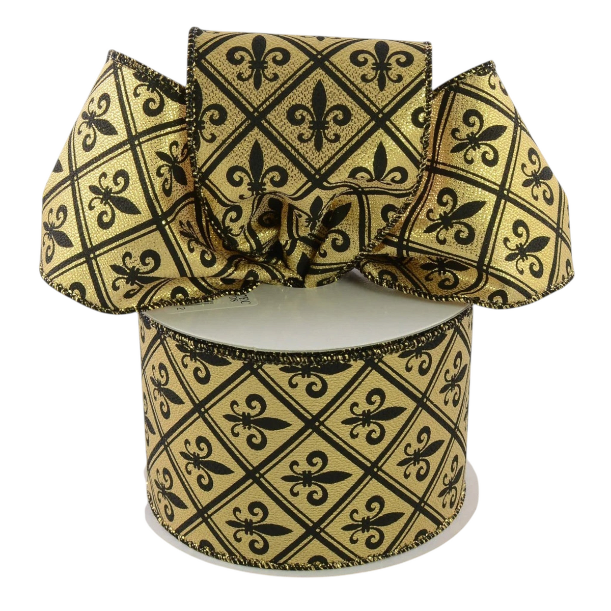 The Matthew John Collective gold lamé ribbon featuring a black harlequin diamond pattern and fleur de lis with wire edge