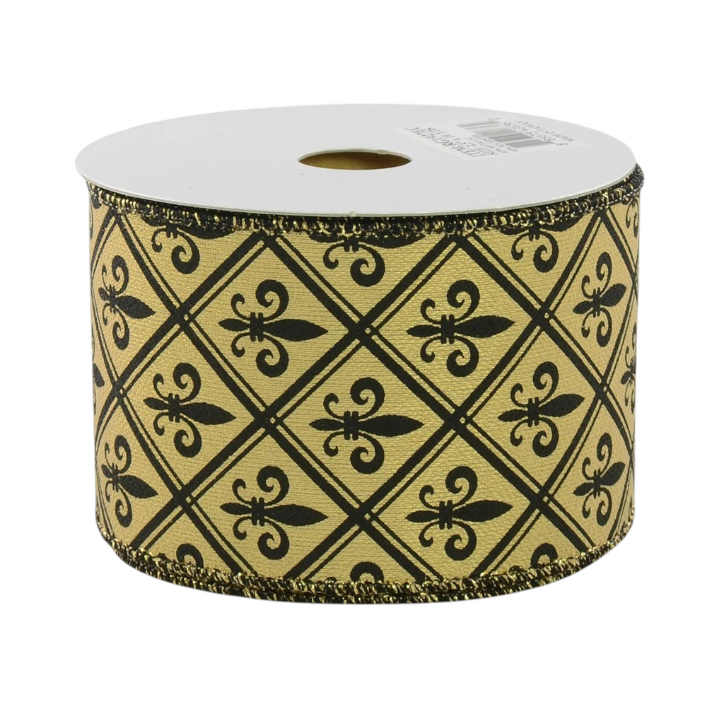 The Matthew John Collective gold lamé ribbon with black harlequin diamond and fleur de lis pattern and wired edge.