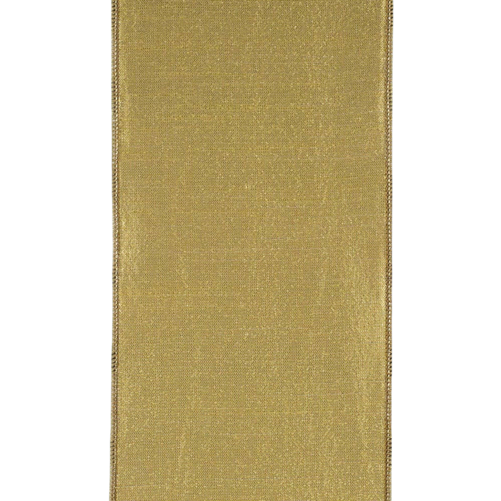 The Matthew John Collective 4-inch wide gold metallic dupioni ribbon with wired edges for holiday decorating.