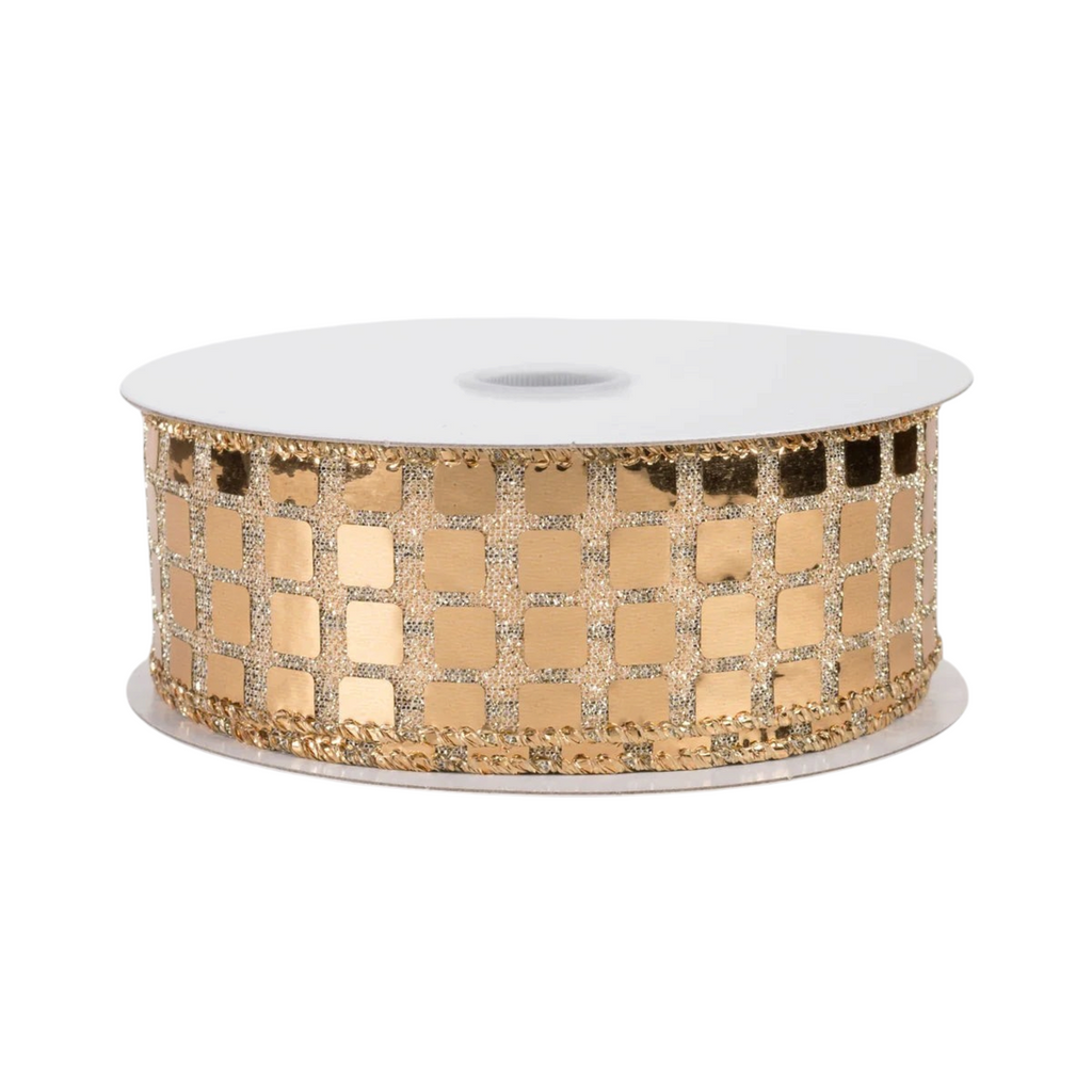 The Matthew John Collective gold mirror disco ball wired ribbon with reflective foil squares and metallic mesh edges.