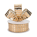 The Matthew John Collective gold mirror disco ball wired ribbon with a metallic foil checkerboard pattern on a spool.