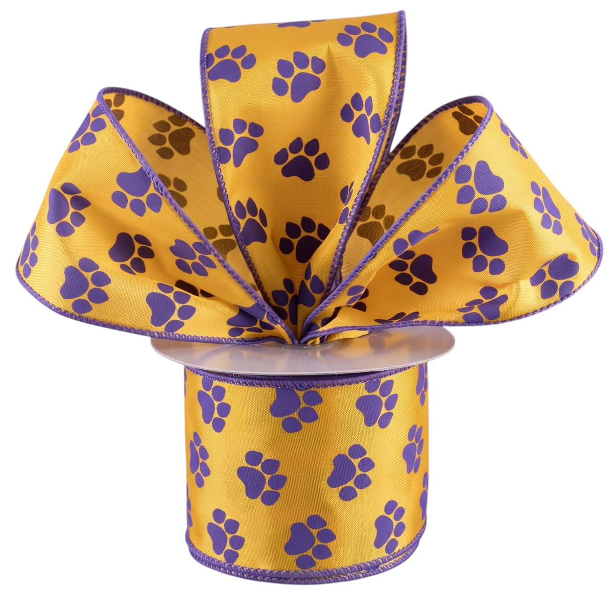 The Matthew John Collective gold satin ribbon with purple paw prints, wired edges, and purple stitching.