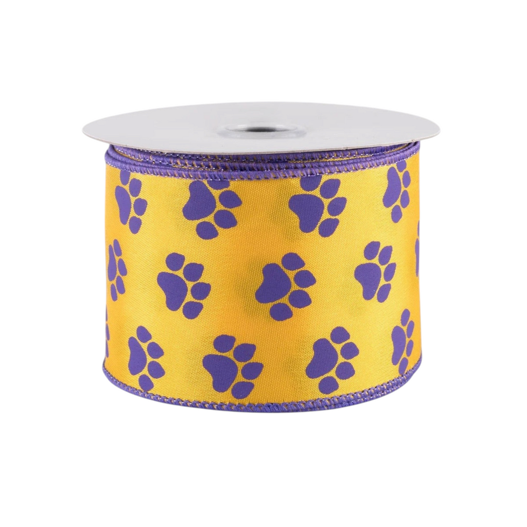 The Matthew John Collective 2.5 inch gold satin ribbon with purple paw print pattern and wired purple stitched edges.
