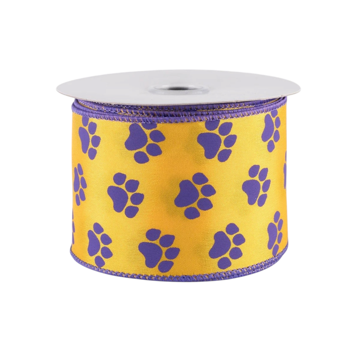 The Matthew John Collective 2.5 inch gold satin ribbon with purple paw print pattern and wired purple stitched edges.