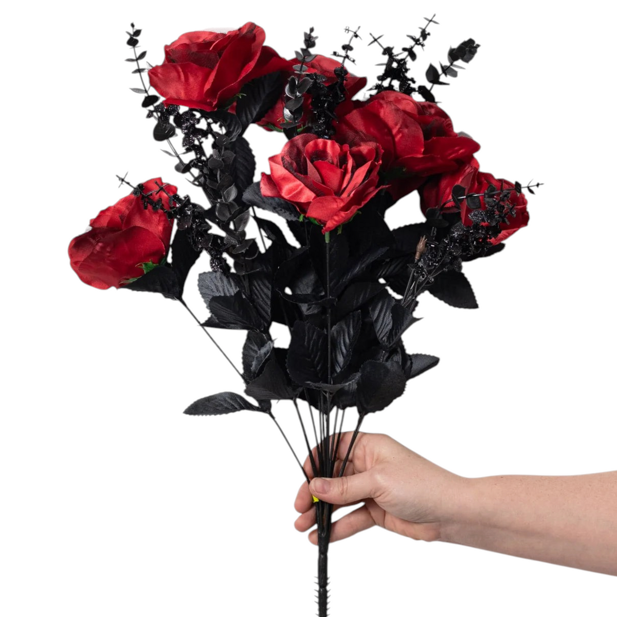 The Matthew John Collective 20-inch gothic floral bush with red silk roses, black tulle, and glittery eucalyptus stems.