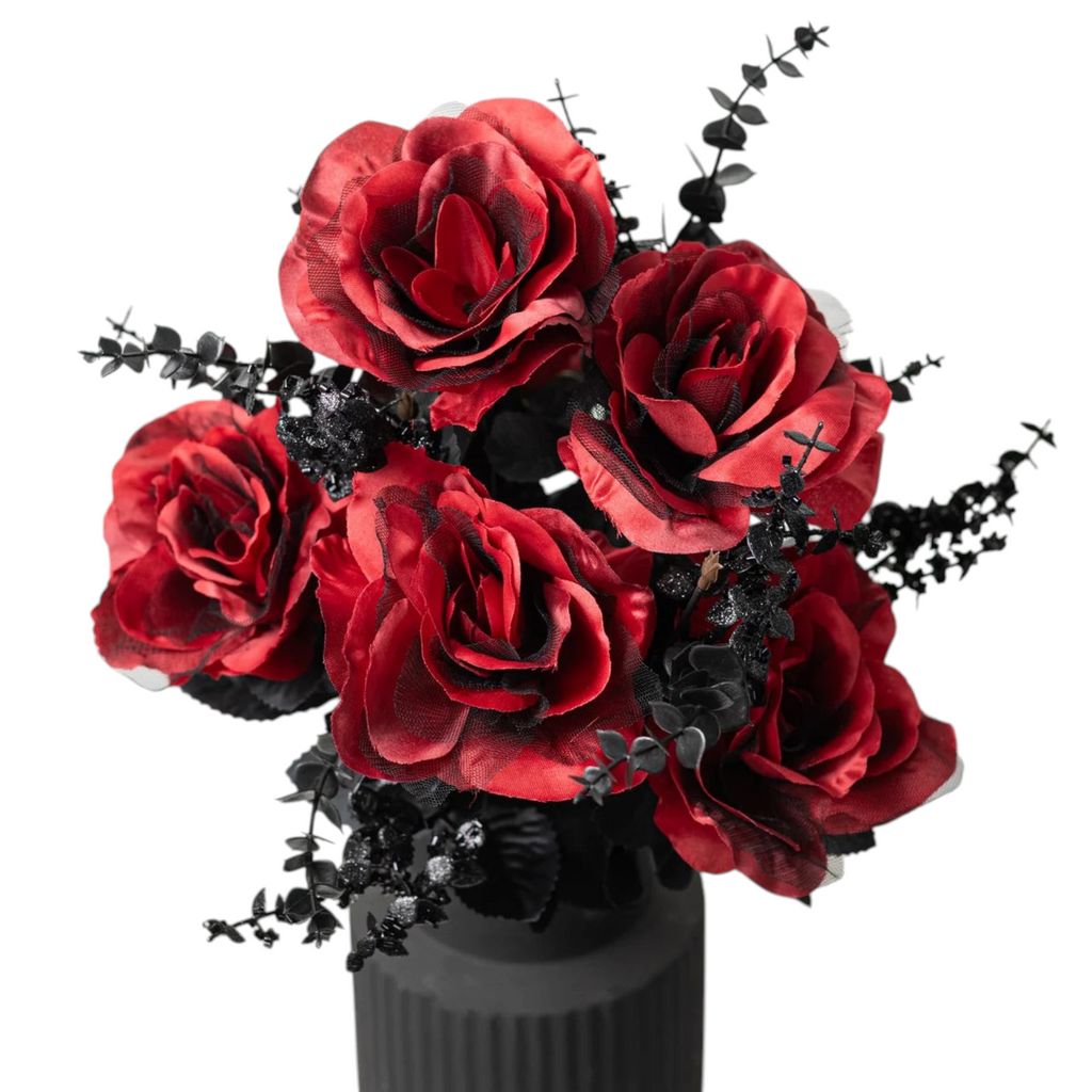 The Matthew John Collective 20-inch gothic rose bush with red silk roses, black tulle, and glittery eucalyptus foliage.