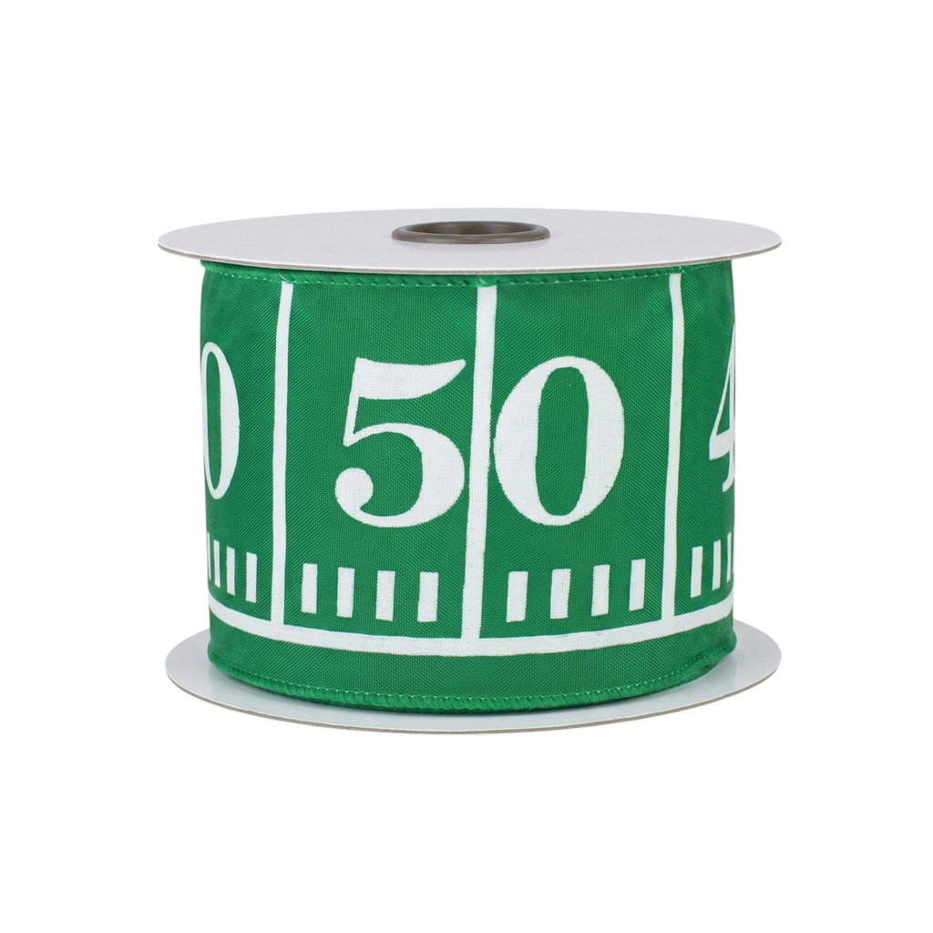 The Matthew John Collective green satin football field ribbon with white hashmarks and numbers on a wired edge roll.