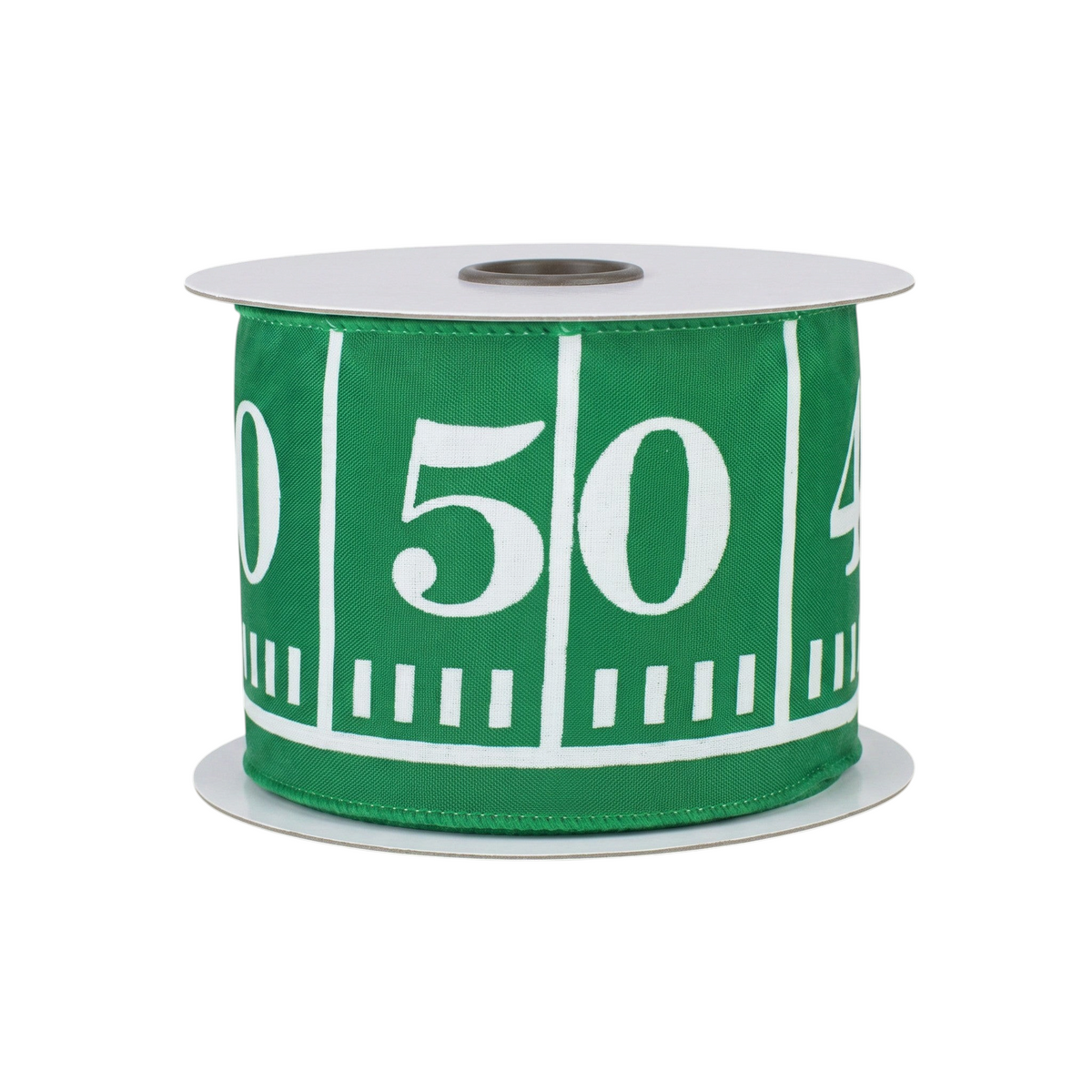 The Matthew John Collective green satin football field ribbon with white hashmarks and numbers on a wired edge roll.