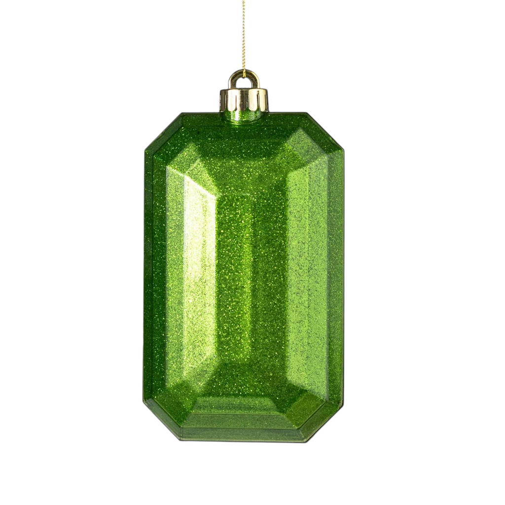 The Matthew John Collective emerald green rectangular glitter gem ornament with a gold hanging loop.