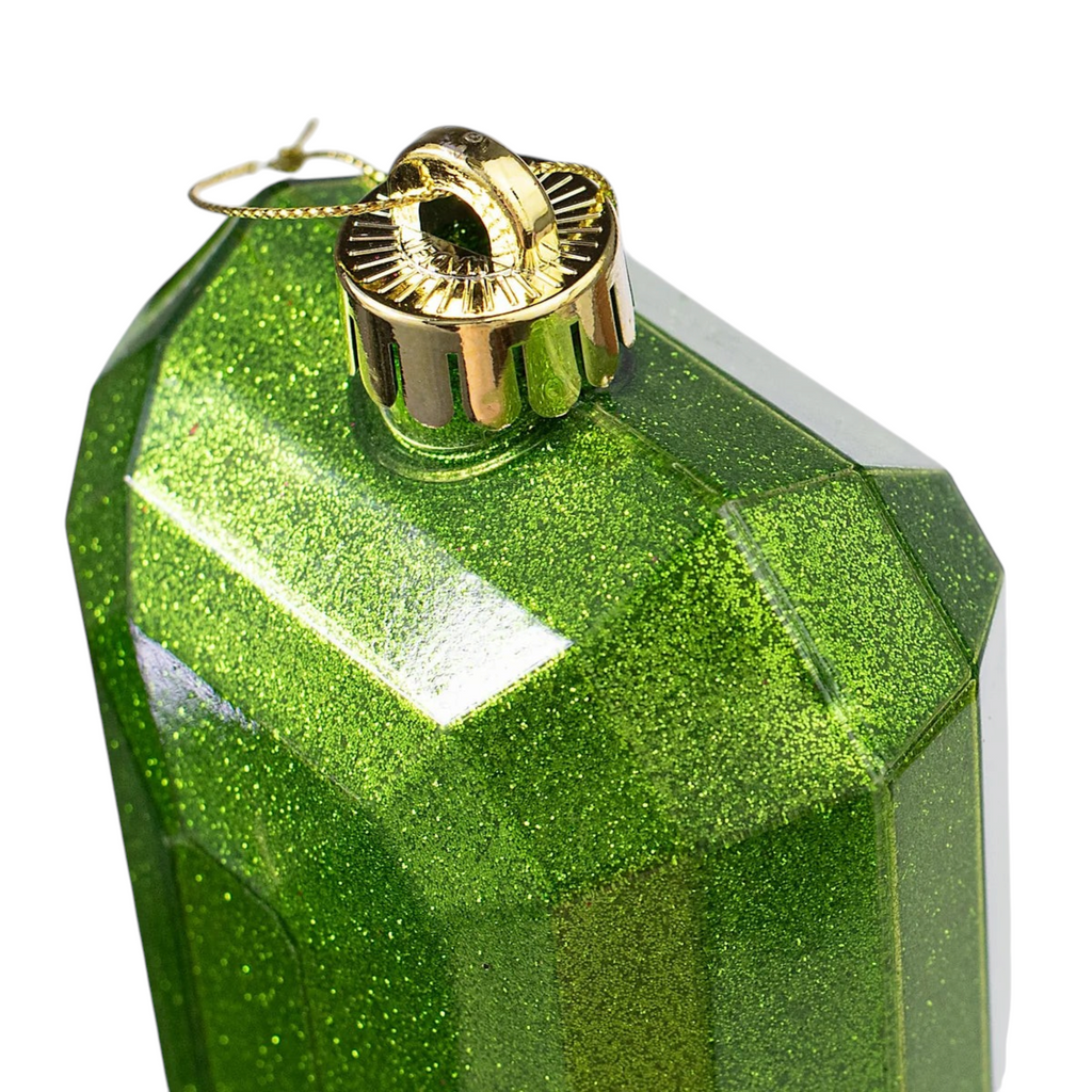 The Matthew John Collective emerald green glitter rectangular gem ornament with a gold hanging loop.