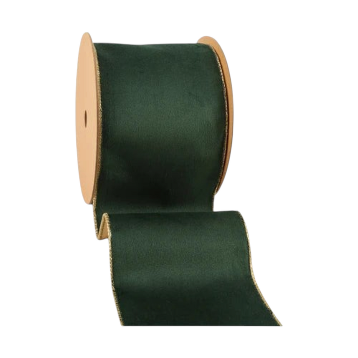 The Matthew John Collective 4-inch wide green velvet wired ribbon with a metallic gold reverse for Christmas decor.