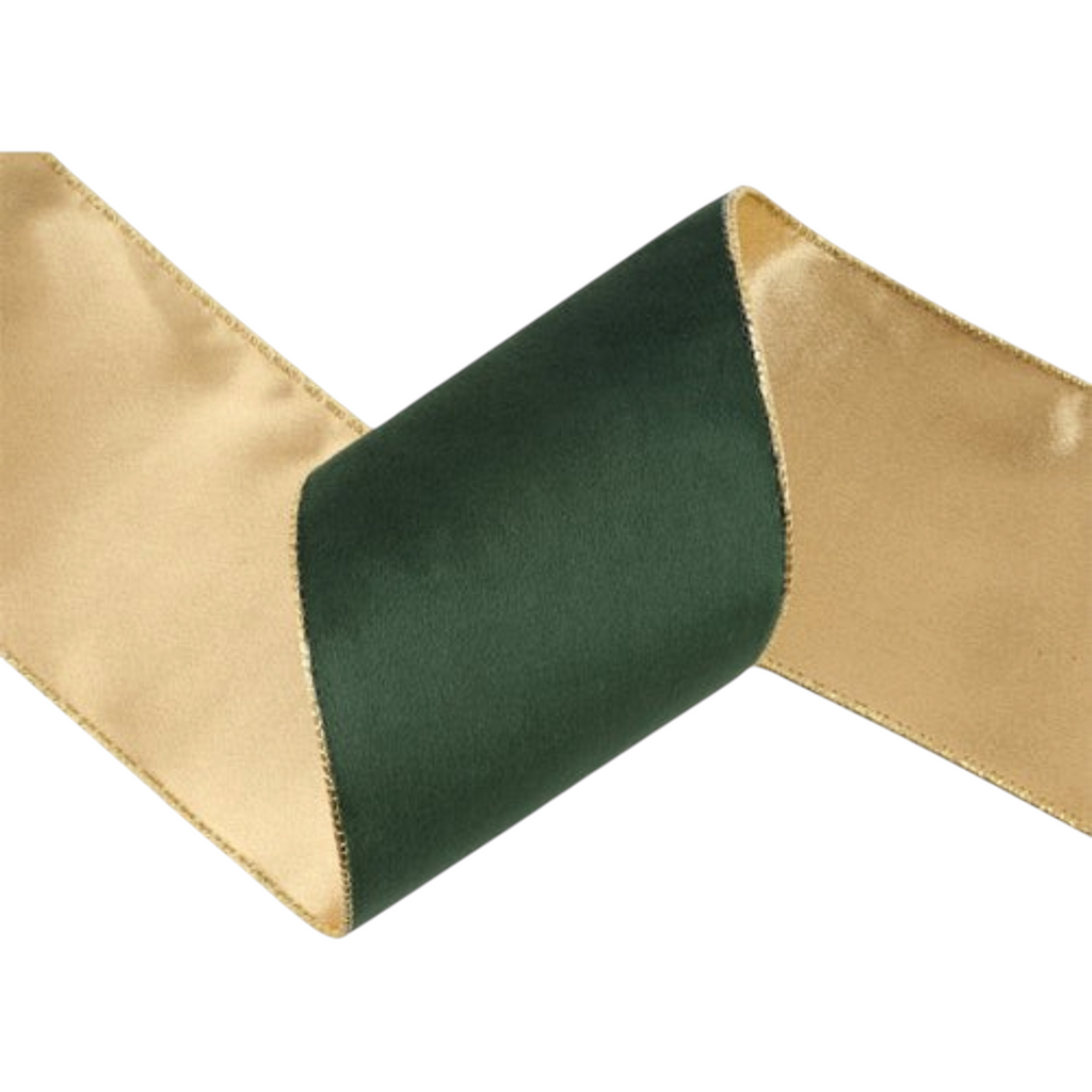 The Matthew John Collective 4-inch reversible wired ribbon featuring rich green velvet and metallic gold backing.