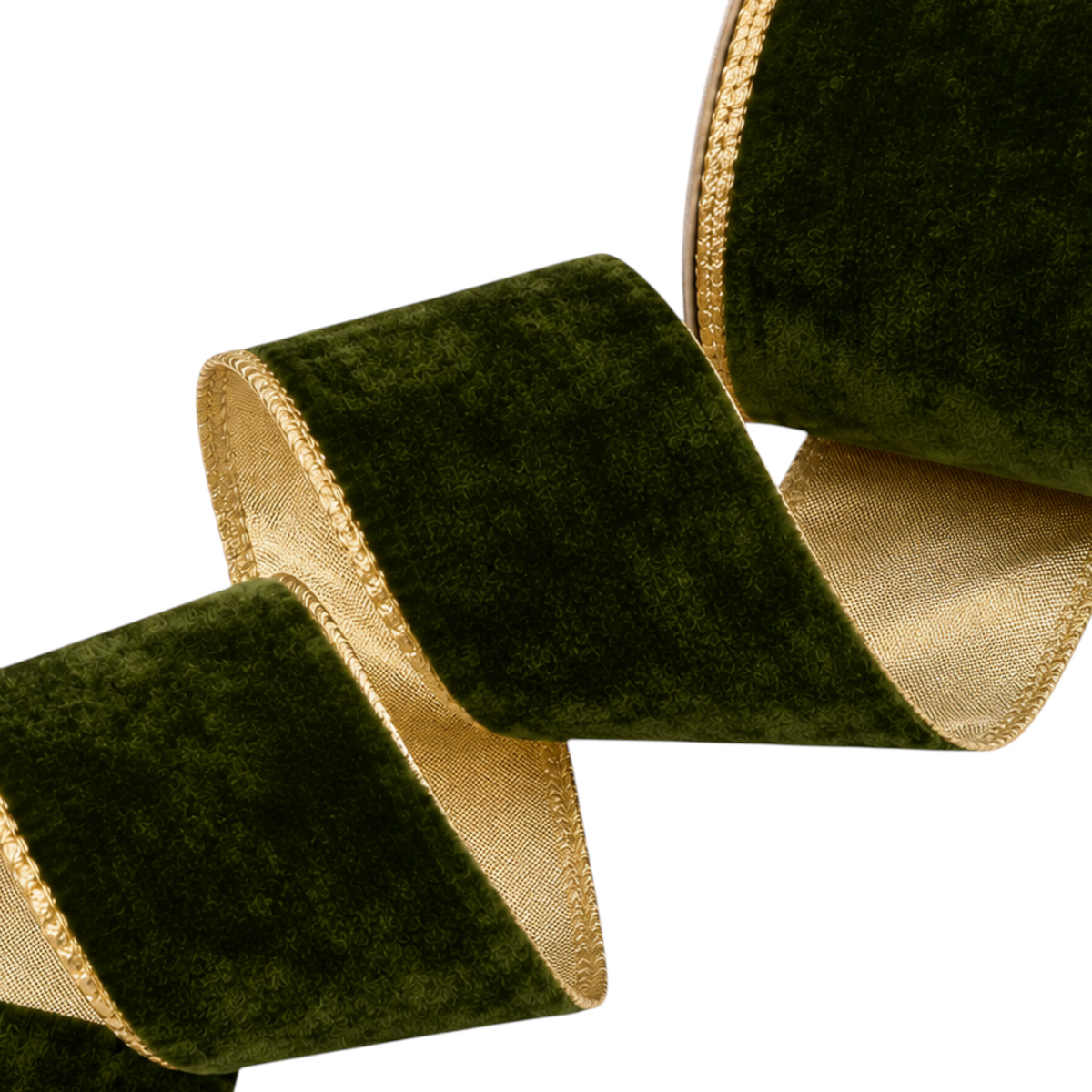 The Matthew John Collective moss green velvet and metallic gold dupioni wired ribbon for luxury holiday decor.