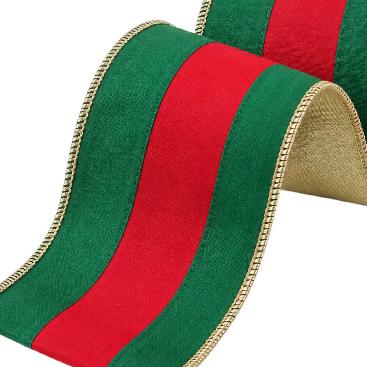 The Matthew John Collective Farrisilk Chic Stripe ribbon in green and red with gold metallic wired edges.