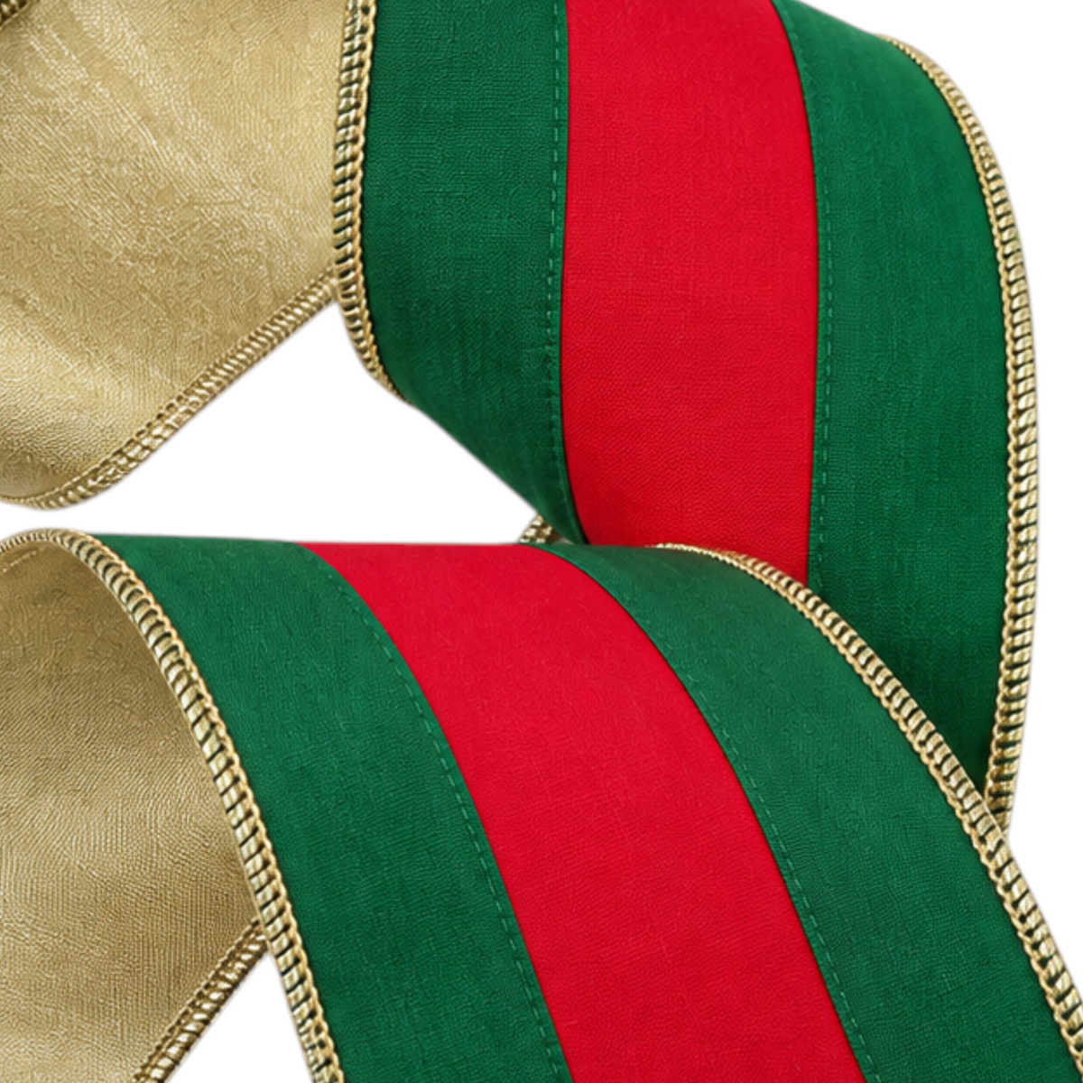 The Matthew John Collective Farrisilk Chic Stripe ribbon featuring bold red and green stripes with metallic gold edges.