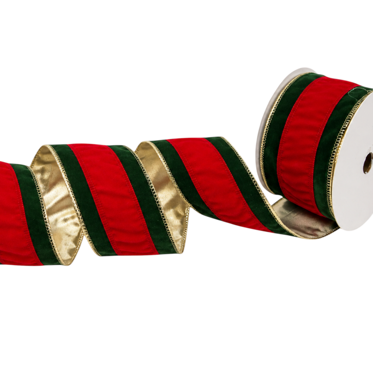 The Matthew John Collective flocked green velvet and red stripe wired Christmas ribbon on a 10-yard roll.
