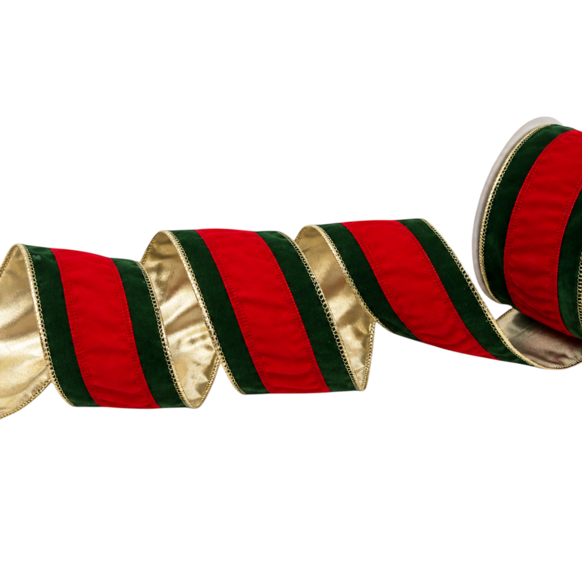 The Matthew John Collective flocked green velvet and red stripe wired Christmas ribbon on a 10-yard spool.